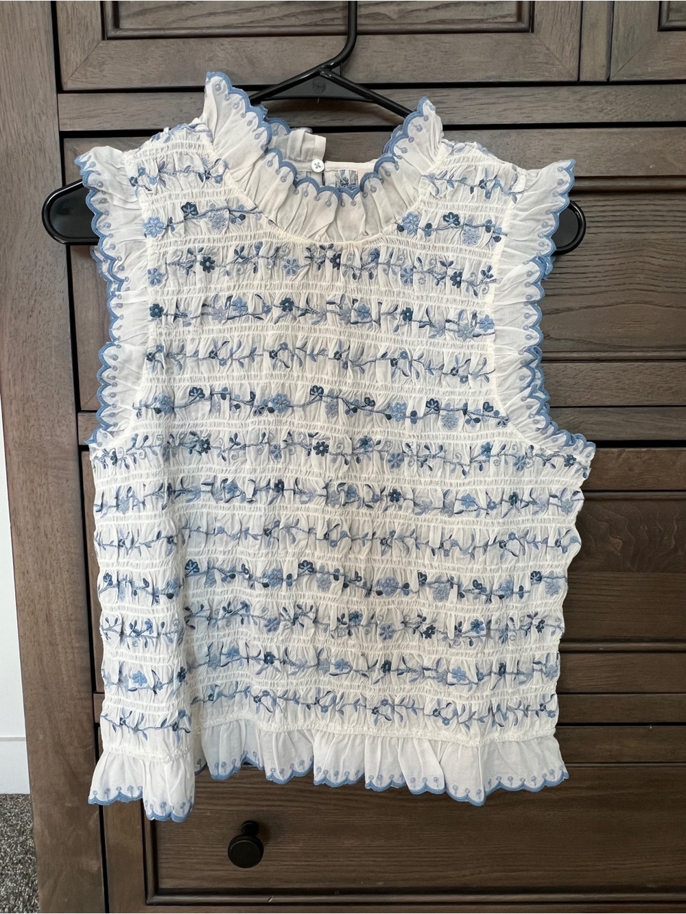 Sezane Samona Blouse Contrasting Blue Embroidery Ecru Background - Size 8 - Picture 2 of 6
